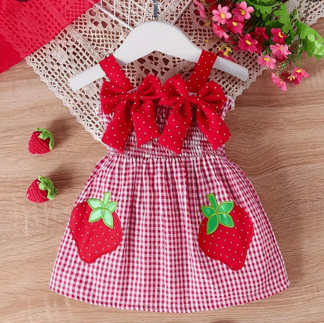 Strawberry Plaid Bow Dress