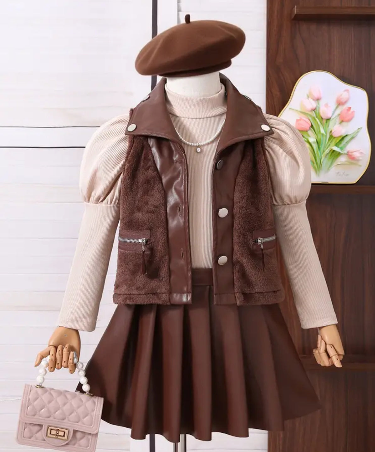 3 pc Shirt, Plush Vest, Pleated Skirt