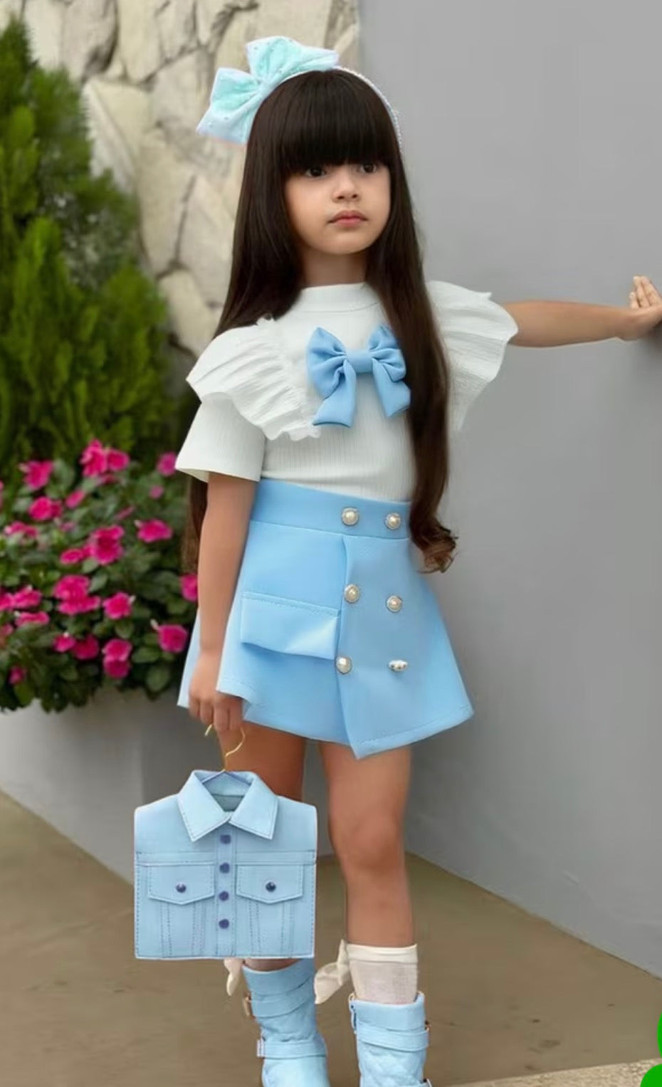 Ruffle Shirt with bow and Asymmetric Skirt