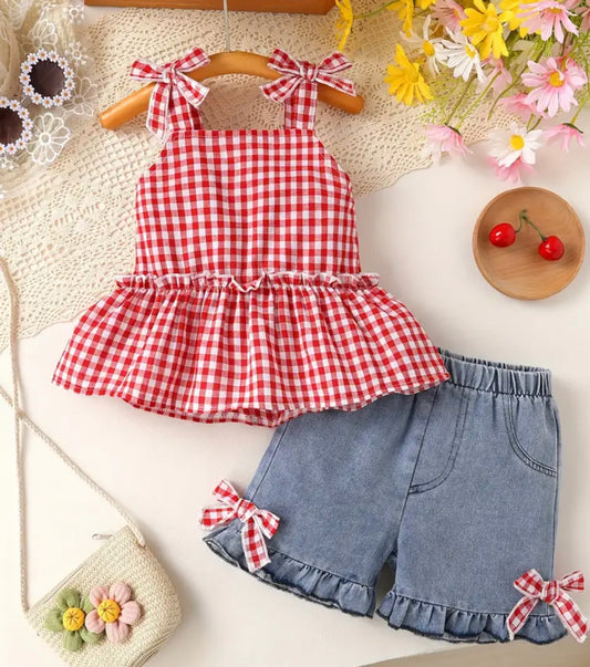 Denim Red Plaid Short Set