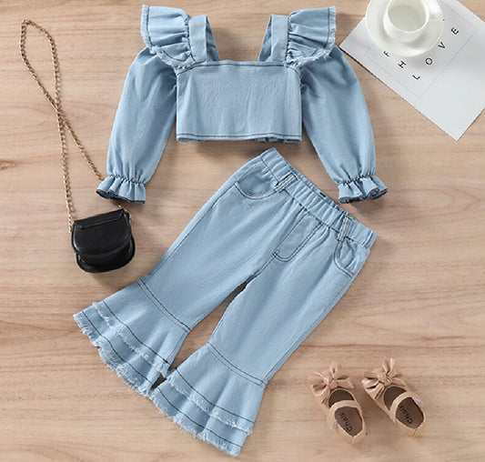 2pc Puff Sleeve Denim Set