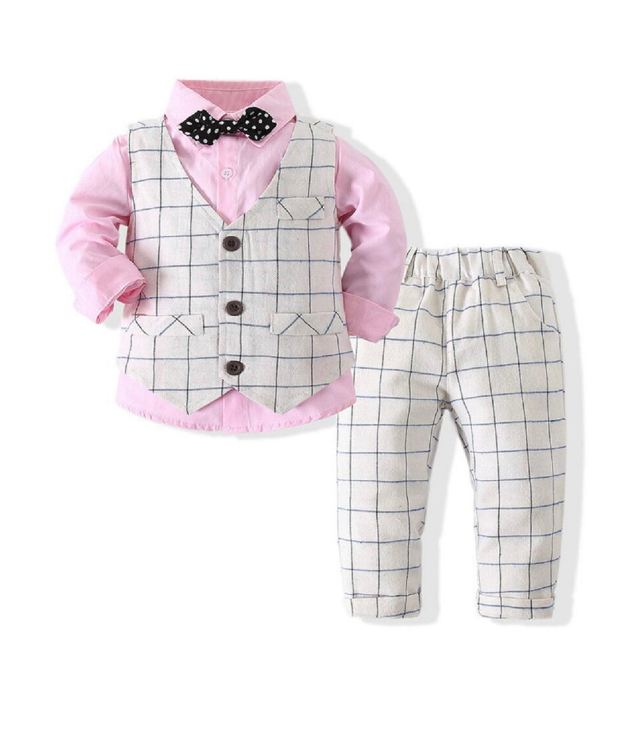 3 Pc Plaid Suit with Pink Shirt/Bow