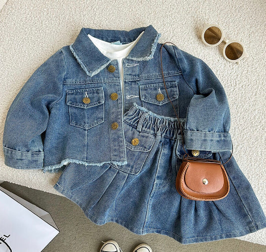 Denim Pleated Skirt Set