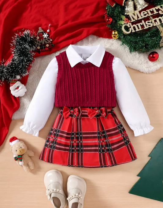 Plaid Skirt Red Vest Set