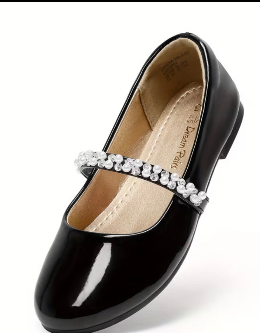 Girl Black Dress Shoe with Diamond Strap