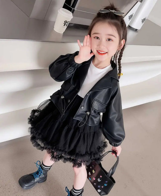 2 Pc Leather Jacket Skirt Set