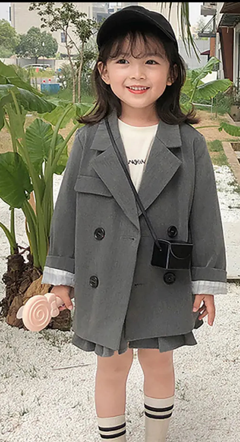 Charcoal Gray British Blazer with Pleated Skirt