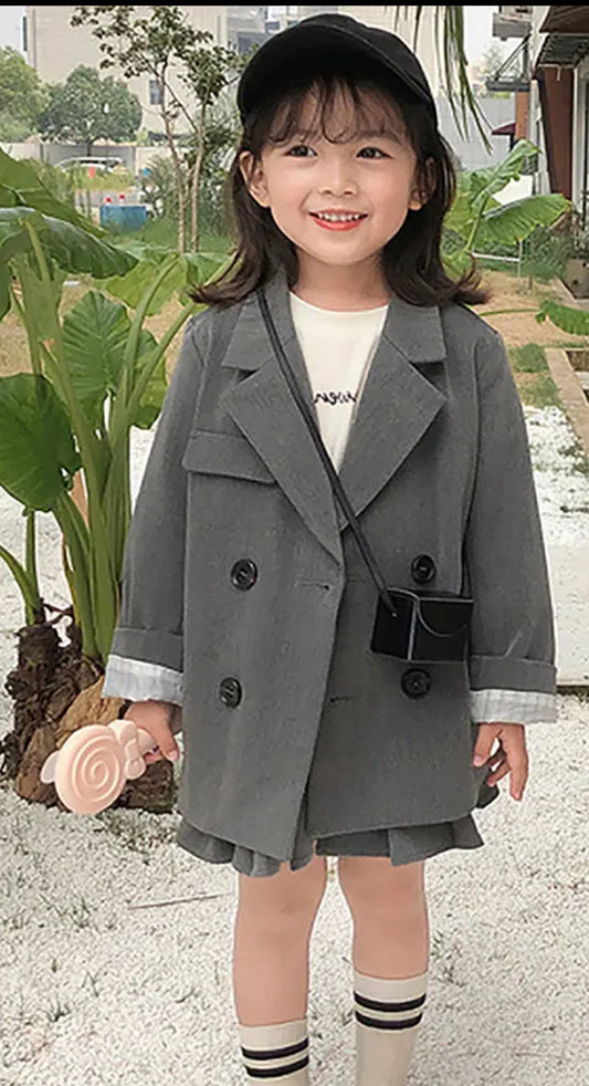 Charcoal Gray British Blazer with Pleated Skirt