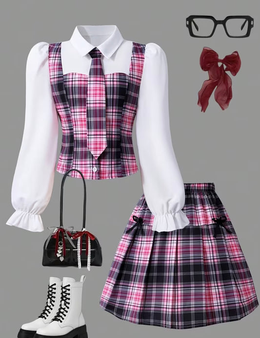 3 Pc Plaid Skirt Set