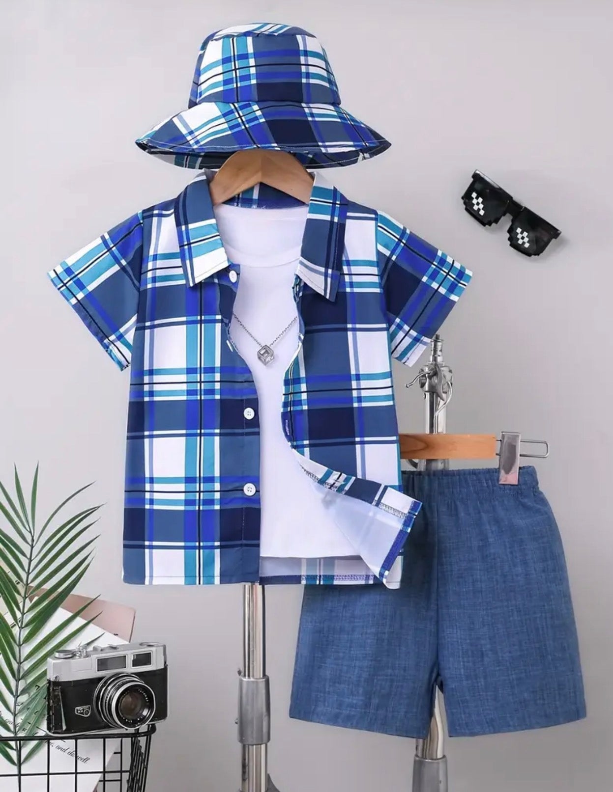 3 PC Checker Button Down Short Set
